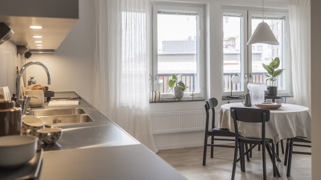 Köksbänk och matplats med fönster i bakgrunden.