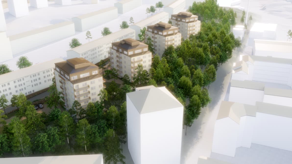 Visionsbild över kv. Äpplarö. Visar ny tänkt bebyggelse.