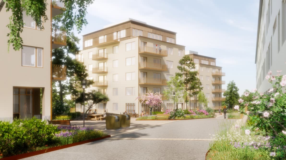 Visionsbild över kv. Äpplarö. Visar ny tänkt bebyggelse.