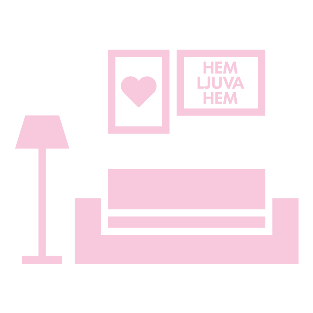 Ett sovrum med en säng, lampa och tavla på väggen.