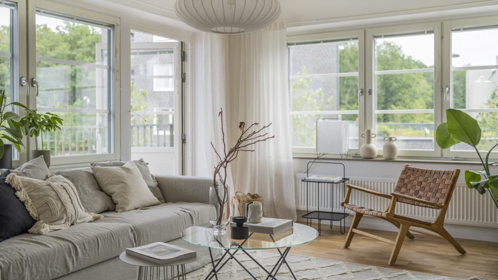 Ett vardagsrum fyllt med möbler och många fönster.