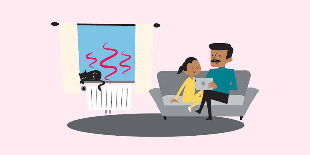 Illustration av pappa och dotter i soffan med surfplatta. En katt myser i fönstret ovanför elementet.