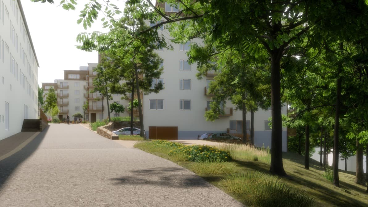 Visionsbild över kv. Äpplarö. Visar ny tänkt bebyggelse.