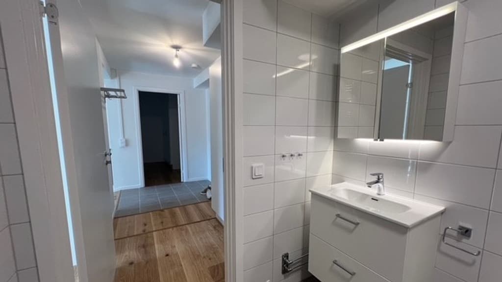 Ett badrum med handfat och spegel.