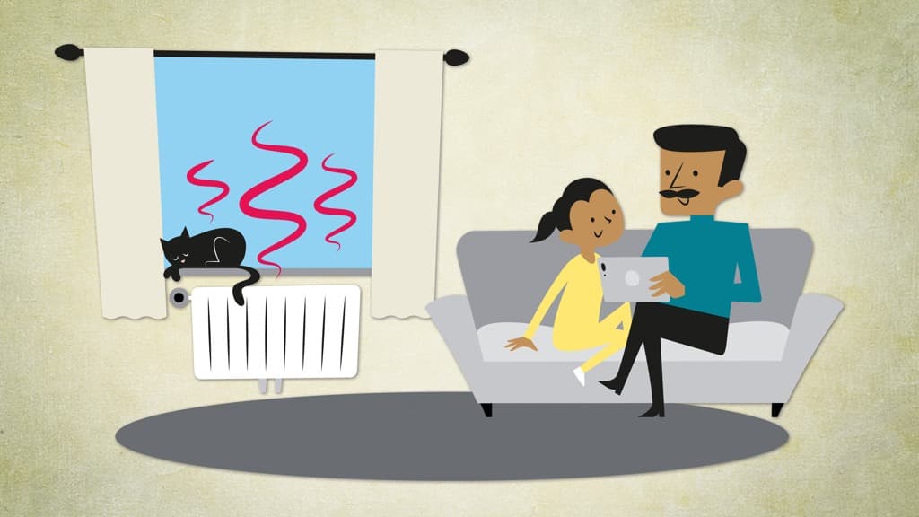 En dotter och en pappa sitter i en soffa som åker åt sidan så att den inte står framför elementet. Gardiner i förnstret dras bort så att de inte täcker termostaten på elementet.