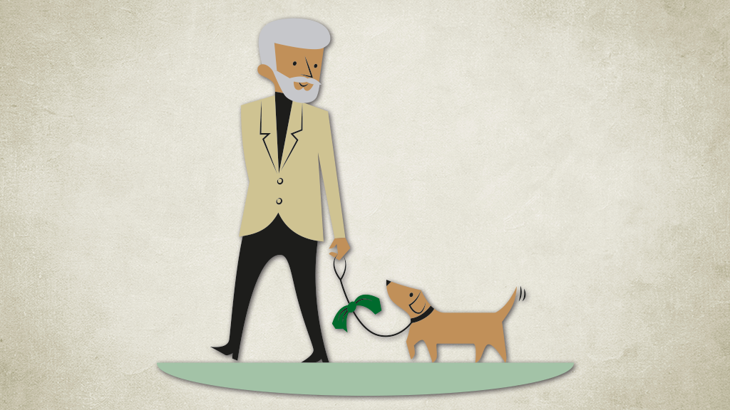 Illustration av en man i grått hår och skägg som är ute och går med sin lilla hund i koppel. Det sitter en tom hundbajspåse fastknuten på kopplet.