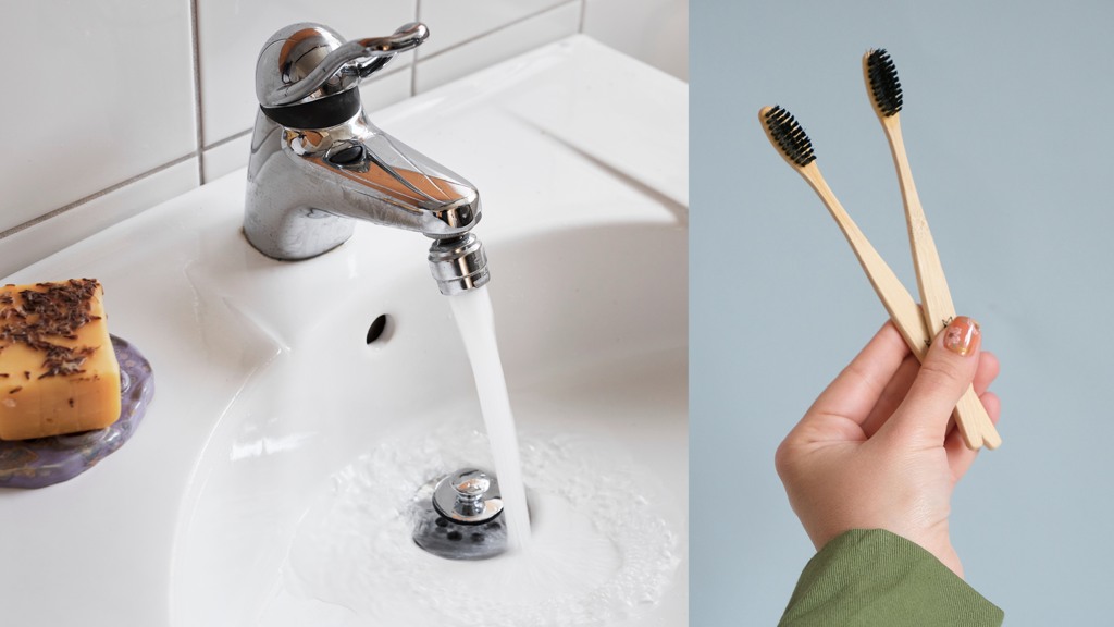 Badrum bild p&aring; handfat och en kran med spolande vatten.Till v&auml;nster en hand som h&aring;ller i tv&aring; milj&ouml;v&auml;nligta tandborstar i tr&auml;.
