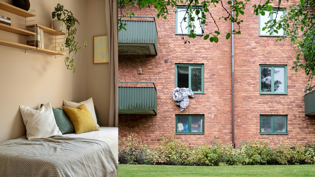 tegelfasad med f&ouml;nster och balkonger, ett sovrum med s&auml;ng kuddar och v&auml;gghyllor med prydnadsaker p&aring; v&auml;ggen.