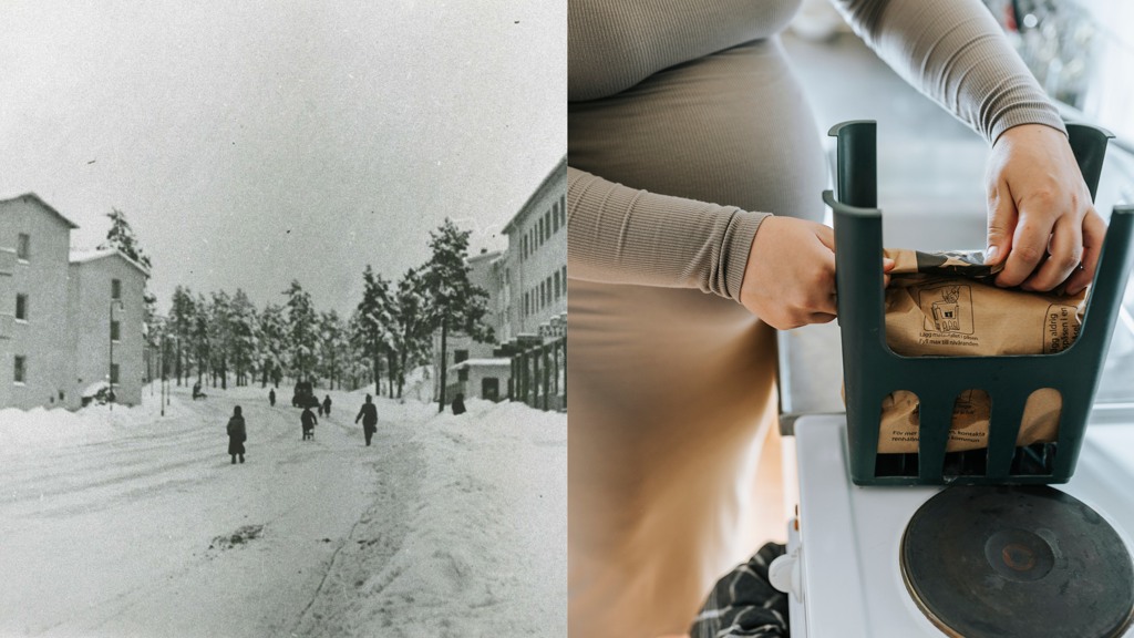 Ett svartvitt foto av m&auml;nniskor som g&aring;r i sn&ouml;n. Ett foto p&aring; en gravid kvinnas mage och hennes h&auml;nder som byter matavfallsp&aring;se  i ett sorteringsk&auml;rl f&ouml;r l&auml;genhetsbruk. 