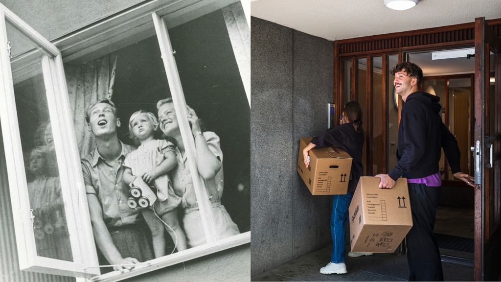 Kollage av tv&aring; bilder.Ett svartvitt fotop&aring; en familj som tittar ut genom ett &ouml;ppet f&ouml;nster i byggnad.Till h&ouml;ger en bild av m&auml;nniskor som b&auml;r l&aring;dor.