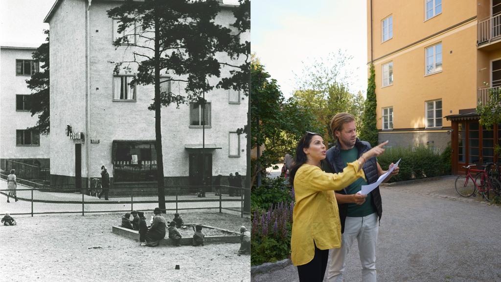 Ett kollage av tv&aring; bilder. Ett svartvitt foto p&aring; en byggnad och lekplats plus en bild d&auml;r ett par en kvinna och man pekar p&aring; en gul byggnad. 