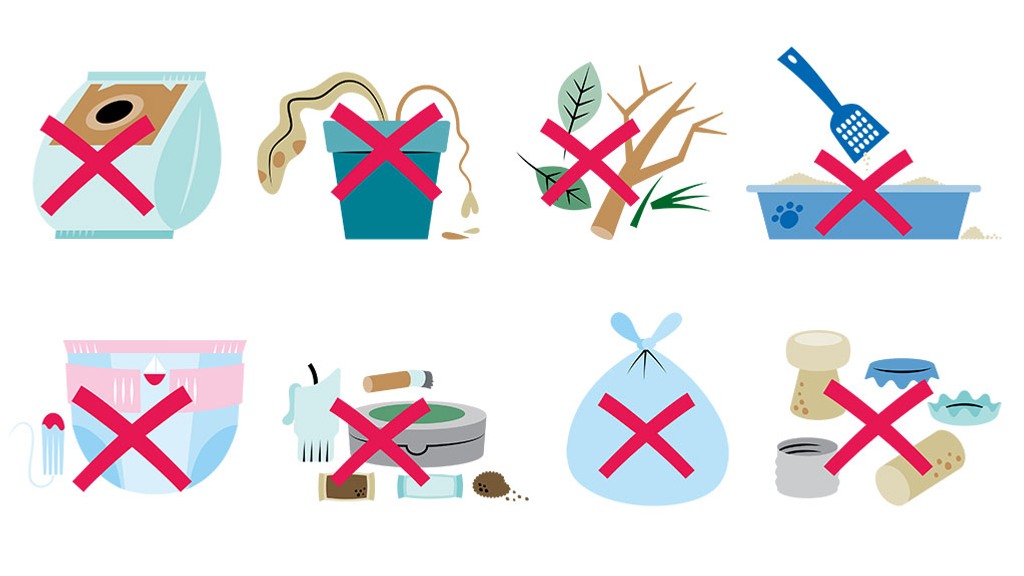 Illustrationer med kryss över: En dammsugarpåse, en vissen krukväxt, löv, kvistar och gräs, kattsand, tampong, blöja, plastpåse/soppåse, korkar och kapsyler.