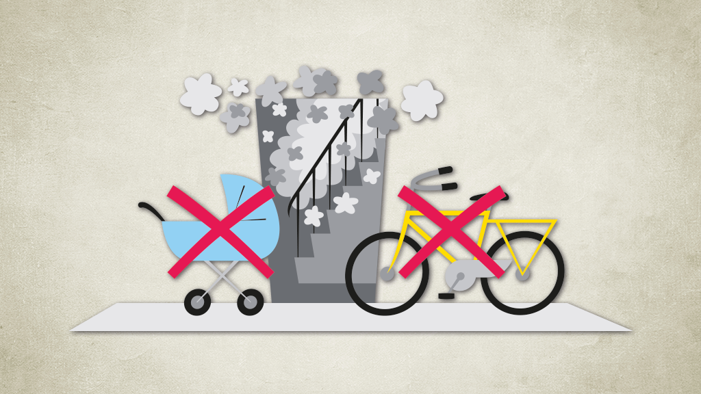 Illustration av en trappuppgång med brandrök och en cykel och barnvagn med kryss över.