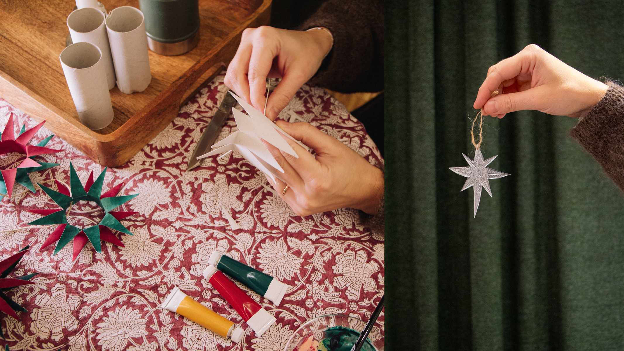 Person gör julpyssel av toarullar.