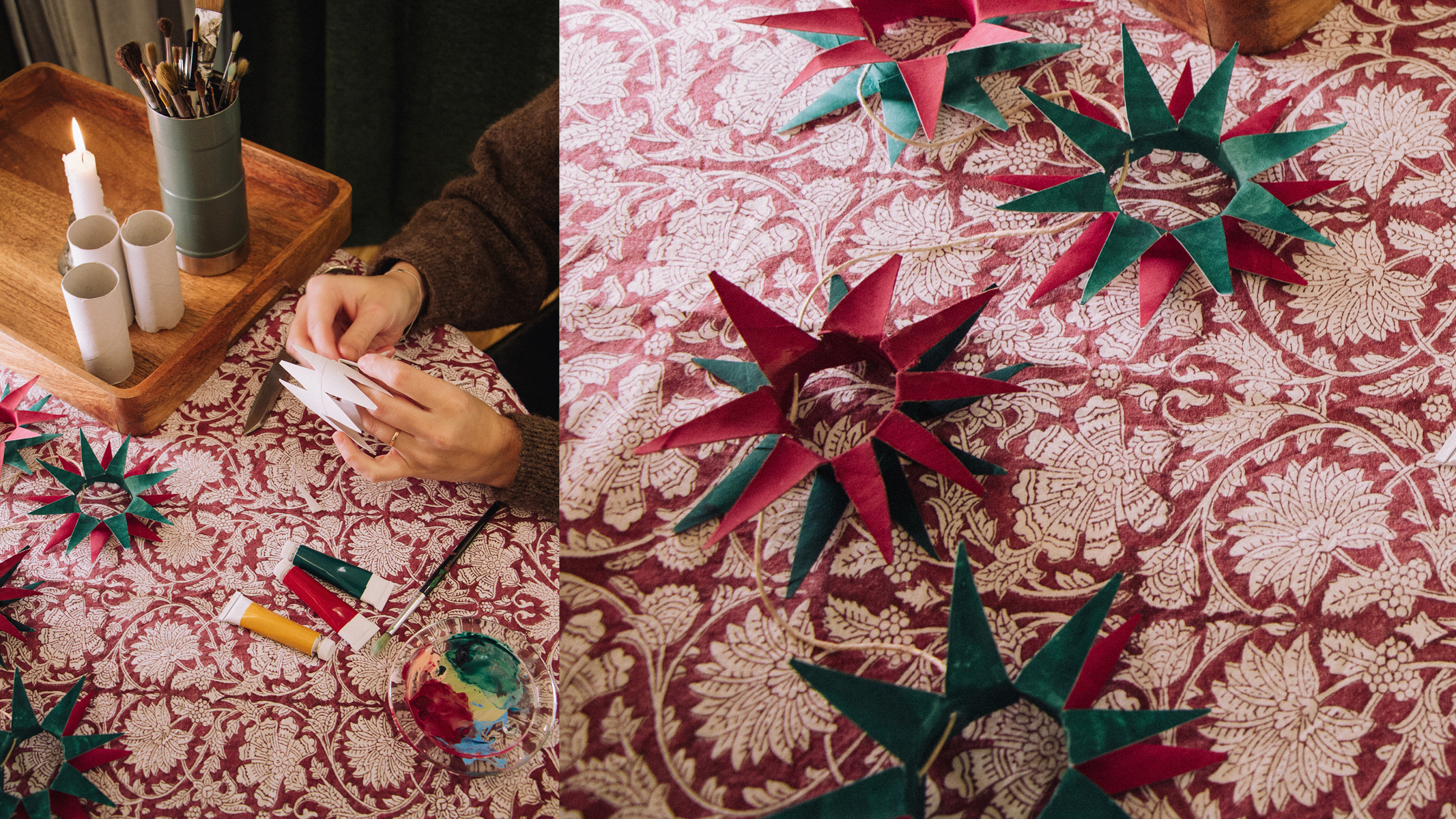 händer som pysslar med toarullar, det blir pynt till granen.