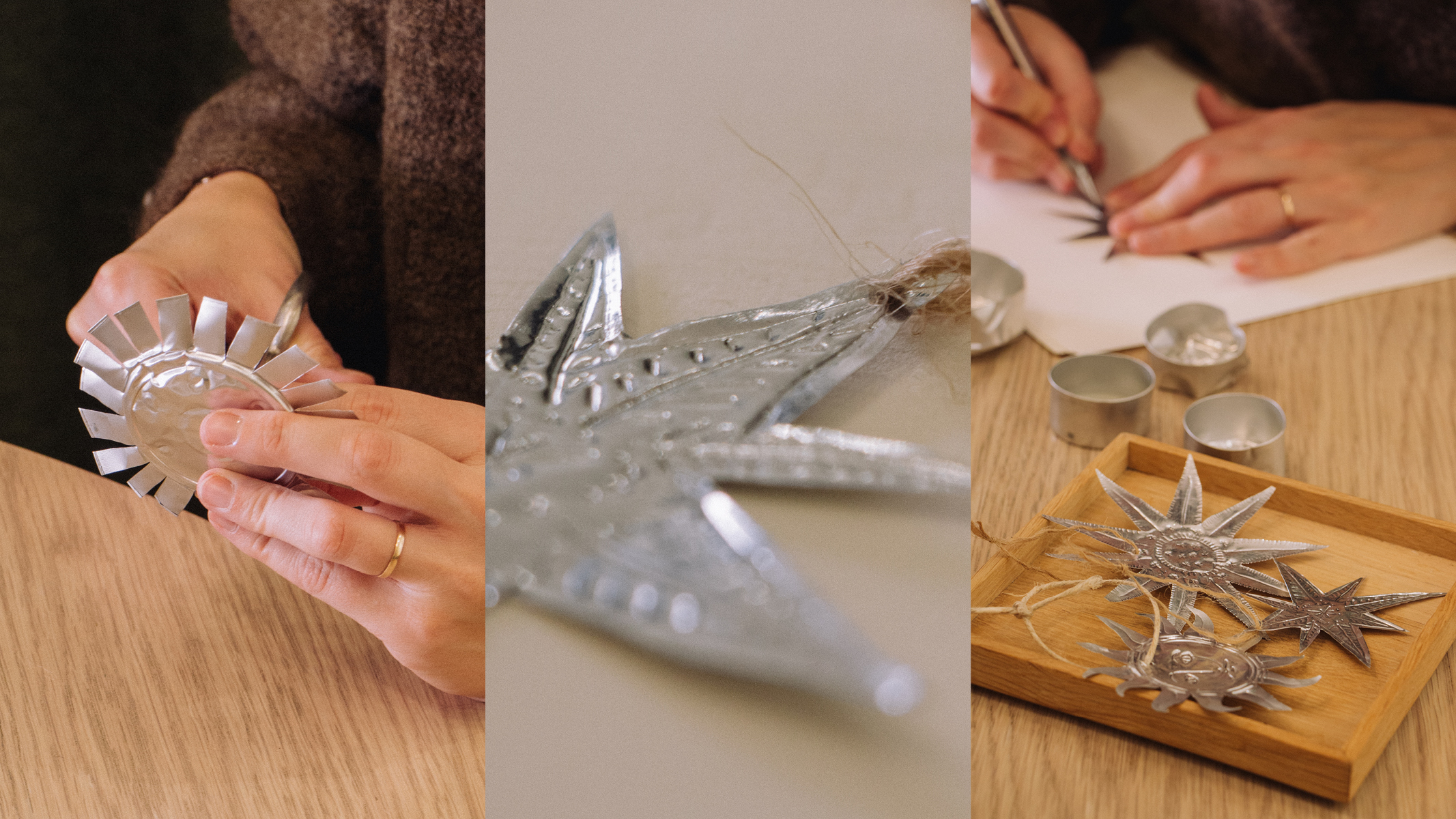 Händer som formar julpynt av tom stearinhållare.