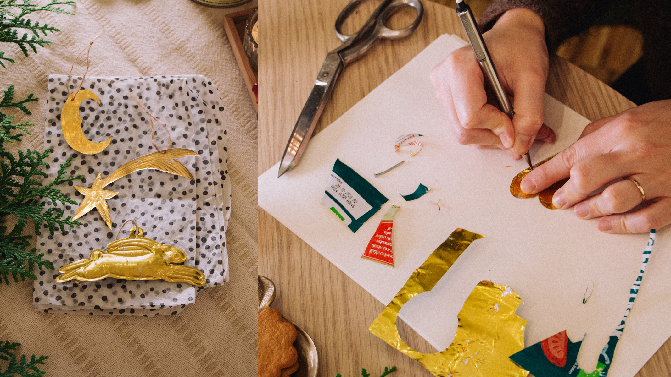 Formade julhängen till granen gjorda av tomatpuretub. De ligger på ett vit och svart prickigt papper.