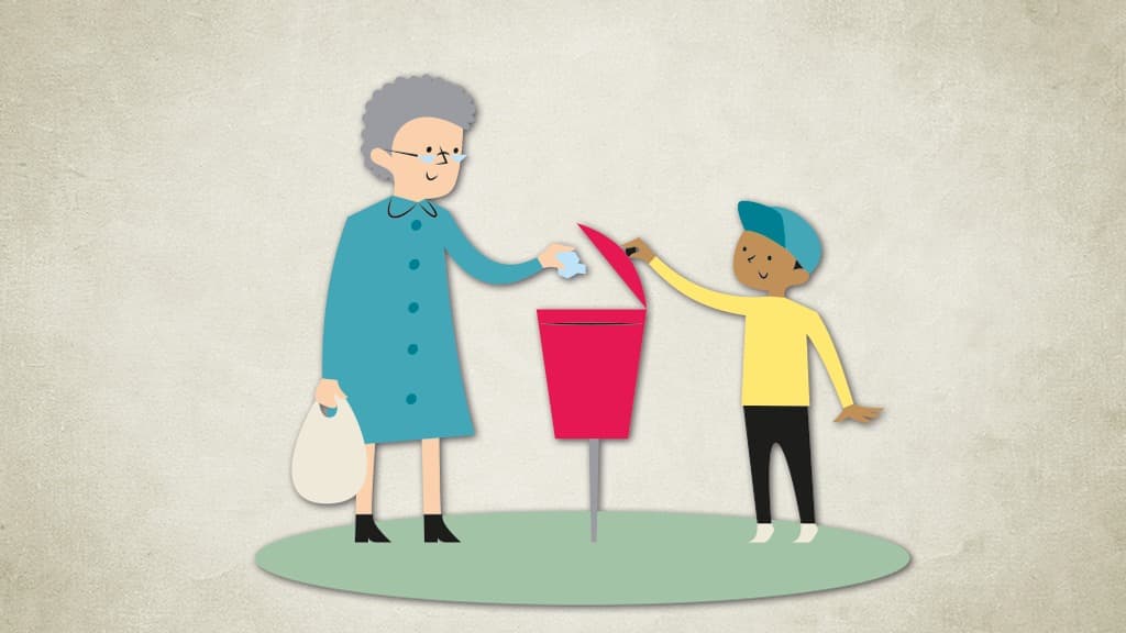 Illustration av en pojke med keps som lyfter på locket till en papperskorg så att en äldre kvinna i lockigt hår kan slänga sitt skräp